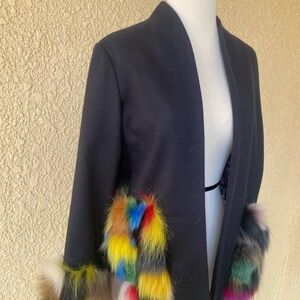 Harvey Faircloth Wool and Fox Fur Open Coat‎ Navy Blue Size 6